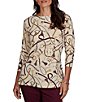 Ruby Rd. Petite Size Knit Equestrian Tassel Allover Print Boat Neck 3/4 Sleeve Top - Image 1
