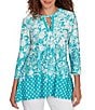 Ruby Rd. Petite Size Knit Floral Border Print Keyhole Neck 3/4 Sleeve Top, Color:Turquoise/Ivory - Image 1