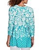 Ruby Rd. Petite Size Knit Floral Border Print Keyhole Neck 3/4 Sleeve Top, Color:Turquoise/Ivory - Image 2