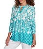 Ruby Rd. Petite Size Knit Floral Border Print Keyhole Neck 3/4 Sleeve Top, Color:Turquoise/Ivory - Image 4
