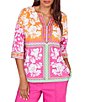 Ruby Rd. Petite Size Knit Floral Patchwork Print V-Neck 3/4 Sleeve Top - Image 1
