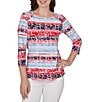 Ruby Rd. Petite Size Knit Floral Stripe Square Neck 3/4 Sleeve Top - Image 1