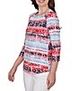 Ruby Rd. Petite Size Knit Floral Stripe Square Neck 3/4 Sleeve Top - Image 4