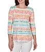 Ruby Rd. Petite Size Knit Floral Stripe Square Neck 3/4 Sleeve Top - Image 5