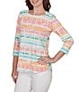 Ruby Rd. Petite Size Knit Floral Stripe Envelope Neck 3/4 Sleeve Top - Image 4
