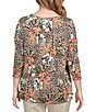 Color:New Sage Multi - Image 2 - Petite Size Knit Hibiscus Palm Print Scoop Neck Pleated Front Detail 3/4 Sleeve Top