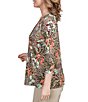 Color:New Sage Multi - Image 4 - Petite Size Knit Hibiscus Palm Print Scoop Neck Pleated Front Detail 3/4 Sleeve Top