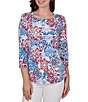 Ruby Rd. Petite Size Knit Medallion Floral Square Neck 3/4 Sleeve Top - Image 1