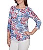 Ruby Rd. Petite Size Knit Medallion Floral Square Neck 3/4 Sleeve Top - Image 4