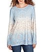 Ruby Rd. Petite Size Knit Medallion Scoop Neck Long Sleeve Top, Color:Bluebell Multi - Image 1