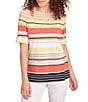 Ruby Rd. Petite Size Knit Multi Stripe Boat Neck Short Roll-Tab Sleeve Top, Color:Grapefruit Multi - Image 1