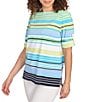 Ruby Rd. Petite Size Knit Multi Stripe Boat Neck Short Roll-Tab Sleeve Top, Color:Chambray Multi - Image 1