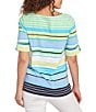 Ruby Rd. Petite Size Knit Multi Stripe Boat Neck Short Roll-Tab Sleeve Top, Color:Chambray Multi - Image 2