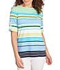 Ruby Rd. Petite Size Knit Multi Stripe Boat Neck Short Roll-Tab Sleeve Top, Color:Chambray Multi - Image 3