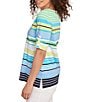 Ruby Rd. Petite Size Knit Multi Stripe Boat Neck Short Roll-Tab Sleeve Top, Color:Chambray Multi - Image 4