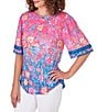 Color:Raspberry Multi - Image 3 - Petite Size Knit Ombre Floral Crew Neck Elbow Lace Inset Sleeve Top