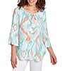 Color:Clear Blue Multi - Image 1 - Petite Size Knit Polynesian Printed Tassel Tie Keyhole Scoop Neck 3/4 Sleeve Top