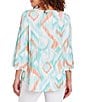 Color:Clear Blue Multi - Image 2 - Petite Size Knit Polynesian Printed Tassel Tie Keyhole Scoop Neck 3/4 Sleeve Top