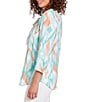 Color:Clear Blue Multi - Image 3 - Petite Size Knit Polynesian Printed Tassel Tie Keyhole Scoop Neck 3/4 Sleeve Top