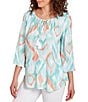 Color:Clear Blue Multi - Image 4 - Petite Size Knit Polynesian Printed Tassel Tie Keyhole Scoop Neck 3/4 Sleeve Top