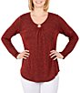 Color:Cinnabar Multi - Image 1 - Petite Size Knit Ribbed O-Ring V-Neck Long Sleeve Top