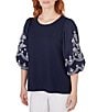 Color:Navy - Image 1 - Petite Size Knit Crew Neck Embroidered 3/4 Balloon Sleeve Top