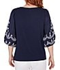 Color:Navy - Image 2 - Petite Size Knit Crew Neck Embroidered 3/4 Balloon Sleeve Top