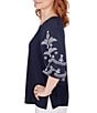 Color:Navy - Image 3 - Petite Size Knit Crew Neck Embroidered 3/4 Balloon Sleeve Top