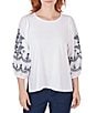 Color:White - Image 1 - Petite Size Knit Crew Neck Embroidered 3/4 Balloon Sleeve Top