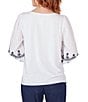 Color:White - Image 2 - Petite Size Knit Crew Neck Embroidered 3/4 Balloon Sleeve Top