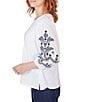 Color:White - Image 3 - Petite Size Knit Crew Neck Embroidered 3/4 Balloon Sleeve Top