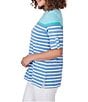 Color:Blue Moon Multi - Image 3 - Petite Size Knit Stripe Boat Neck Short Roll-Tab Sleeve Side Slit Top