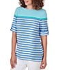 Color:Blue Moon Multi - Image 4 - Petite Size Knit Stripe Boat Neck Short Roll-Tab Sleeve Side Slit Top