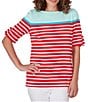 Color:Punch Multi - Image 1 - Petite Size Knit Stripe Boat Neck Short Roll-Tab Sleeve Side Slit Top