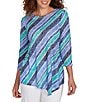 Ruby Rd. Petite Size Knit Stripe Crew Neck 3/4 Sleeve Asymmetric Hem Top, Color:Navy/Multi - Image 1