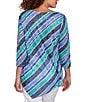 Ruby Rd. Petite Size Knit Stripe Crew Neck 3/4 Sleeve Asymmetric Hem Top, Color:Navy/Multi - Image 2