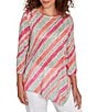 Ruby Rd. Petite Size Knit Stripe Crew Neck 3/4 Sleeve Asymmetric Hem Top, Color:Bay Leaf/Multi - Image 4