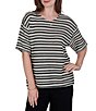 Ruby Rd. Petite Size Knit Stripe Scoop Neck Short Fringe Sleeve Tee - Image 1