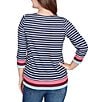 Ruby Rd. Petite Size Knit Stripe Square Neck 3/4 Sleeve Side Slit Top, Color:Indigo/Multi - Image 2