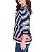 Ruby Rd. Petite Size Knit Stripe Square Neck 3/4 Sleeve Side Slit Top, Color:Indigo/Multi - Image 3