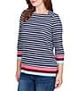 Ruby Rd. Petite Size Knit Stripe Square Neck 3/4 Sleeve Side Slit Top, Color:Indigo/Multi - Image 4