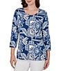 Ruby Rd. Petite Size Knit Tropical Patchwork Print Scoop Neck 3/4 Sleeve Top - Image 5