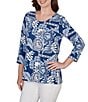 Ruby Rd. Petite Size Knit Tropical Patchwork Print Scoop Neck 3/4 Sleeve Top - Image 4