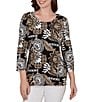 Ruby Rd. Petite Size Knit Tropical Patchwork Print Scoop Neck 3/4 Sleeve Top - Image 1