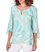 Color:Clear Blue Multi - Image 1 - Petite Size Printed Knit Turkish Keyhole Bar Detail 3/4 Flounce Sleeve Top