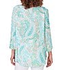 Color:Clear Blue Multi - Image 2 - Petite Size Printed Knit Turkish Keyhole Bar Detail 3/4 Flounce Sleeve Top