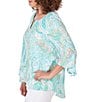 Color:Clear Blue Multi - Image 3 - Petite Size Printed Knit Turkish Keyhole Bar Detail 3/4 Flounce Sleeve Top