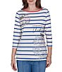 Ruby Rd. Petite Size Knit Varsity Stripe Delicate Floral Boat Neck 3/4 Sleeve Top - Image 1