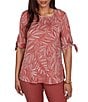 Ruby Rd. Petite Size Leaf Print Square Neck Elbow Tie Sleeve Top - Image 1