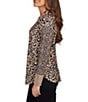 Ruby Rd. Petite Size Leopard Ribbed Crew Neck Long Sleeve Top, Color:Tan Heather Multi - Image 3
